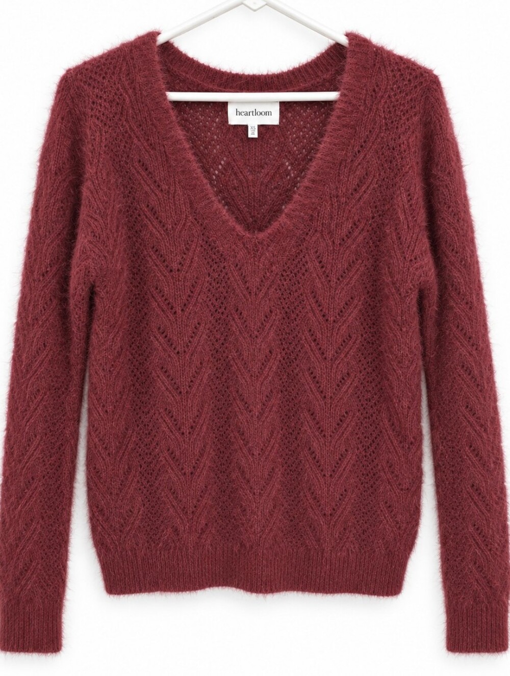 Heartloom Burgundy Fuzzy Pointelle Knit V-Neck Sweater XS NWOT